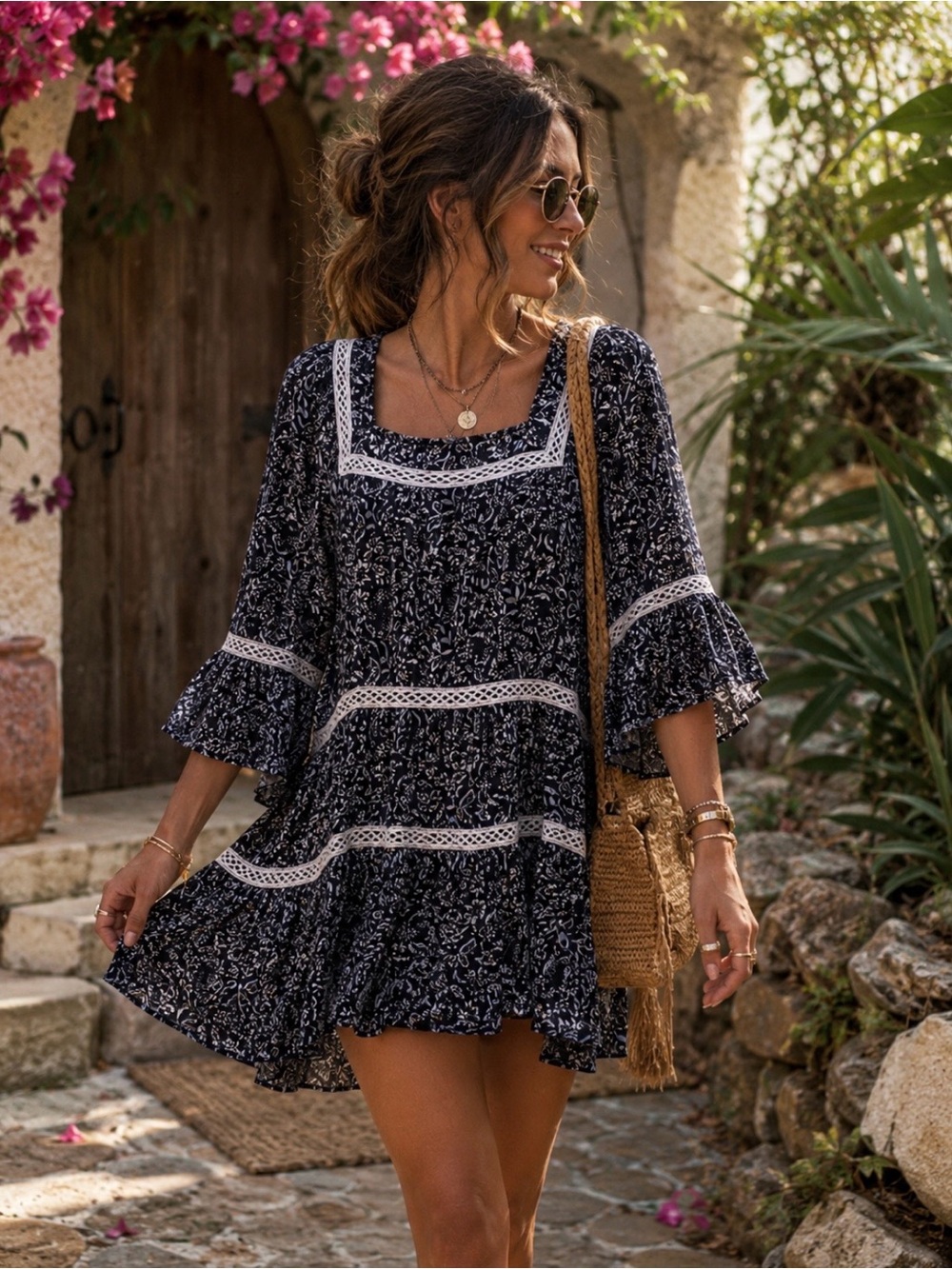 Free People Navy Blue Floral Peasant Tunic with Cream Crochet Medium